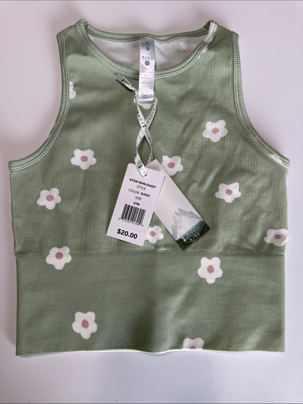 Kids Daisy Ribbed Tank Top - Sage Green